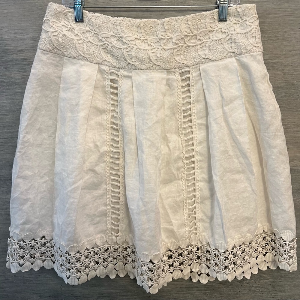 Kenar White 100% Linen‎ Lace Waist & Hem Pleated Waist Skirt Size 10 GC